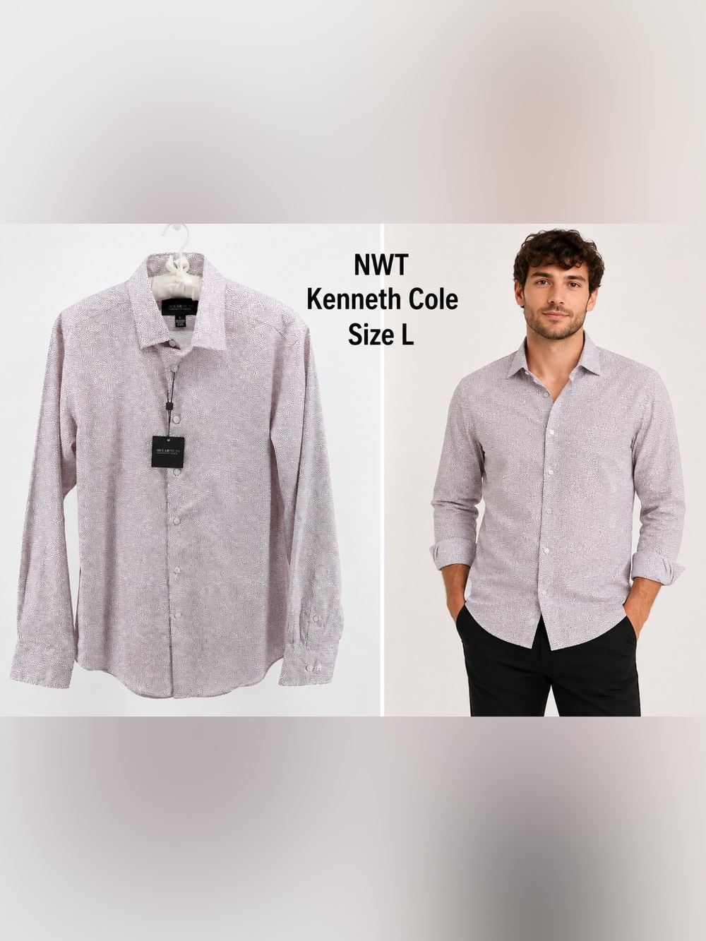 Kenneth Cole Awareness Mens Size L White Purple Mauve Print Stretch Shirt NWT